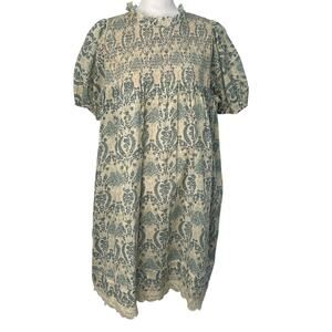 Easel Babydoll Smocked Antique Blue Cream Floral Damask Lace Trim Dress S Boho